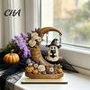 Desktop Halloween Decorations Moon Swing Ghost Figurine, Reading On with Floral Tiered Tray Decor Pumpkin Accents, Wooden Bookshelf for Desk