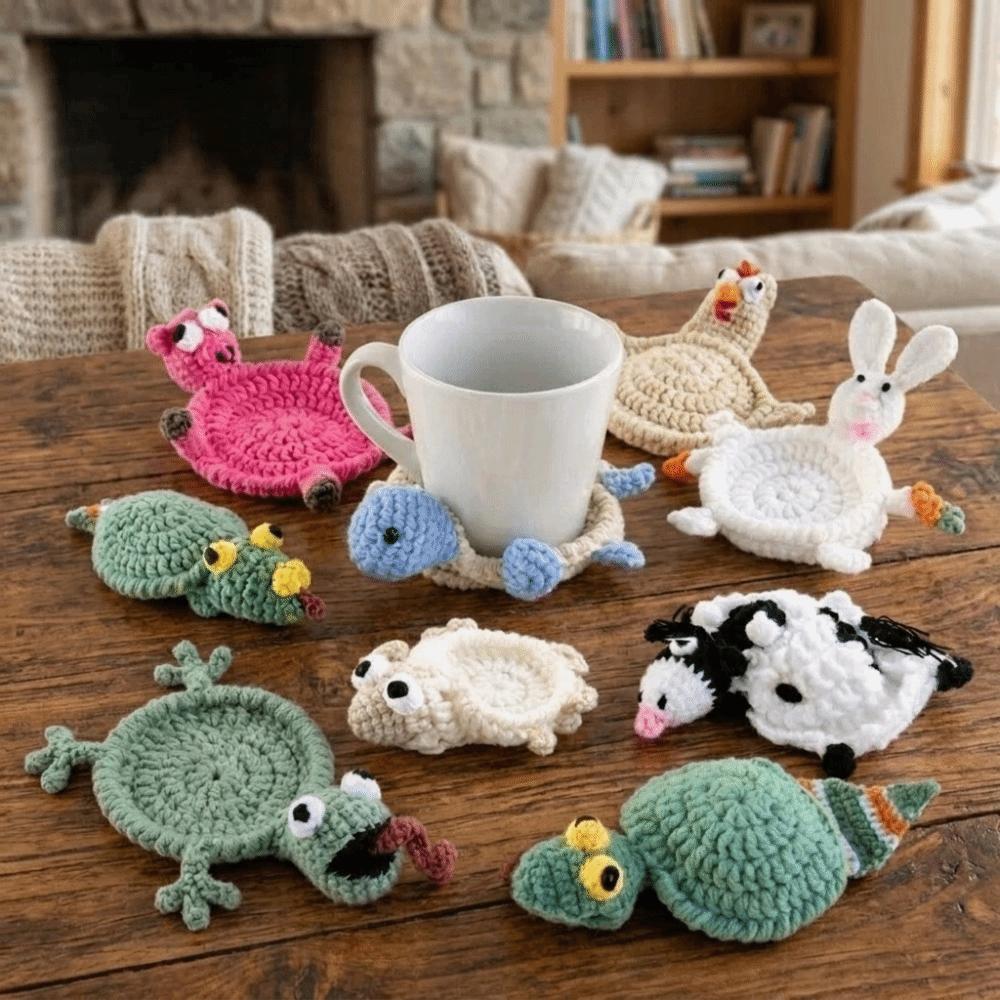 Cartoon Crochet Animal Coaster Funny Handmade Coaster Creative Knitted Cup Mat Table Protector