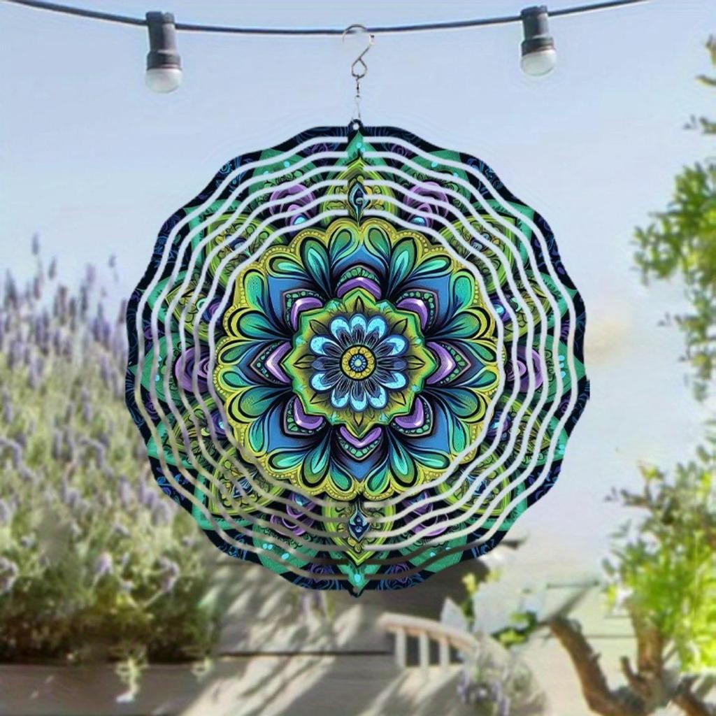 Vibrant Mandala Metal Wind Chime Outdoor Hanging Kinetic Yard Art with Colorful Floral Design in Green Blue Purple Yellow for Christmas Halloween