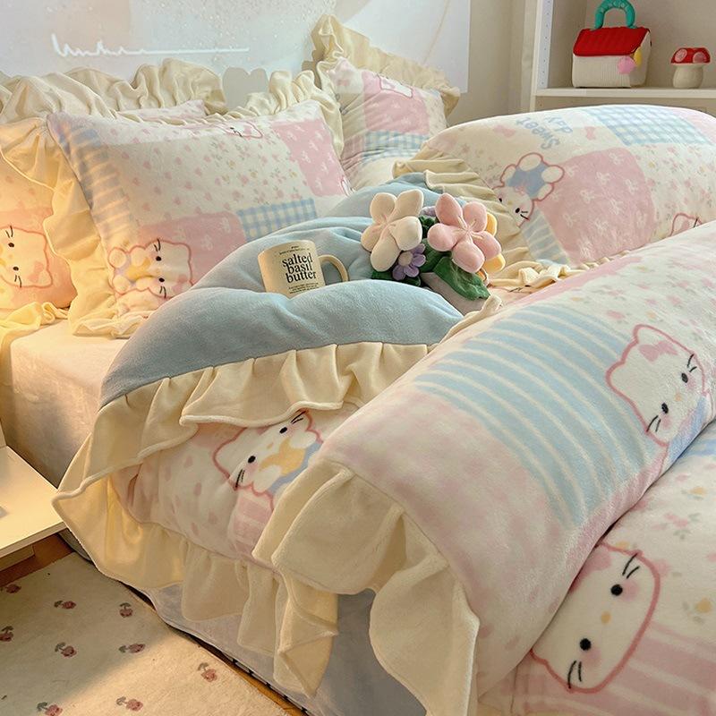 Thickened Milk Fleece Four-Piece Set, Fleece Quilt Cover, Bedding, Coral Flannel Bed Sheet Three-Piece Set