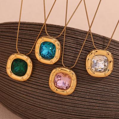 1Pc Vintage Rectangular Rounded Zircon Pendant Women's Thin Chain One Piece Stainless Steel Jewelry Accessories Gift Women