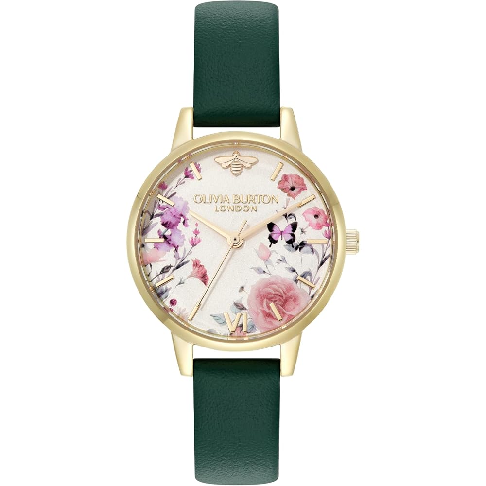 Olivia Burton Signature Illustrated Floral Forest Green Leather Watch 30mm