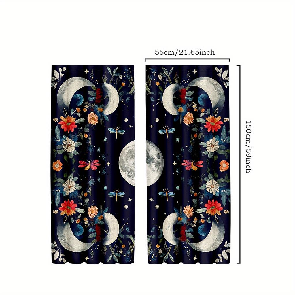 2pcs Boho Moonlit Embroidery Curtains - Vibrant Floral & Celestial Design with Butterflies, Dragonflies, and Stars, Polyester Ro
