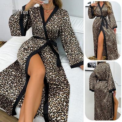 TEMU Women's Plus Size Sexy Leopard Print Satin Nightgown and Bathrobe with Long Sleeves.