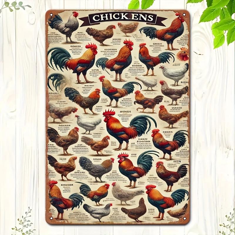 2D Flat, 2D Wall Art- 1pc, Complete Illustration of Chicken Breeds- Vintage Metal Tin Painting, Artistic Decoration, Easy Instal