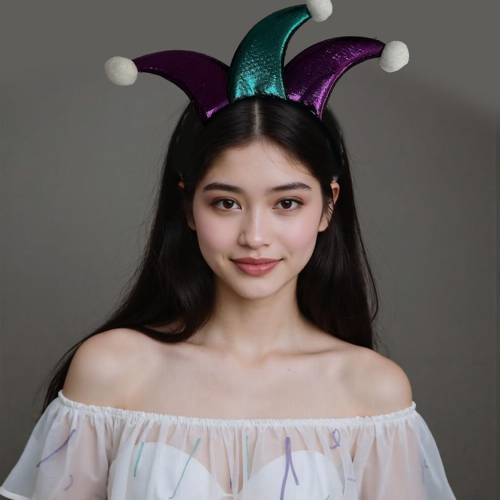 Adjustable Clown Style Headpiece Purple Glitter Fabric Pompom Trim Party Costume Hair Accessory