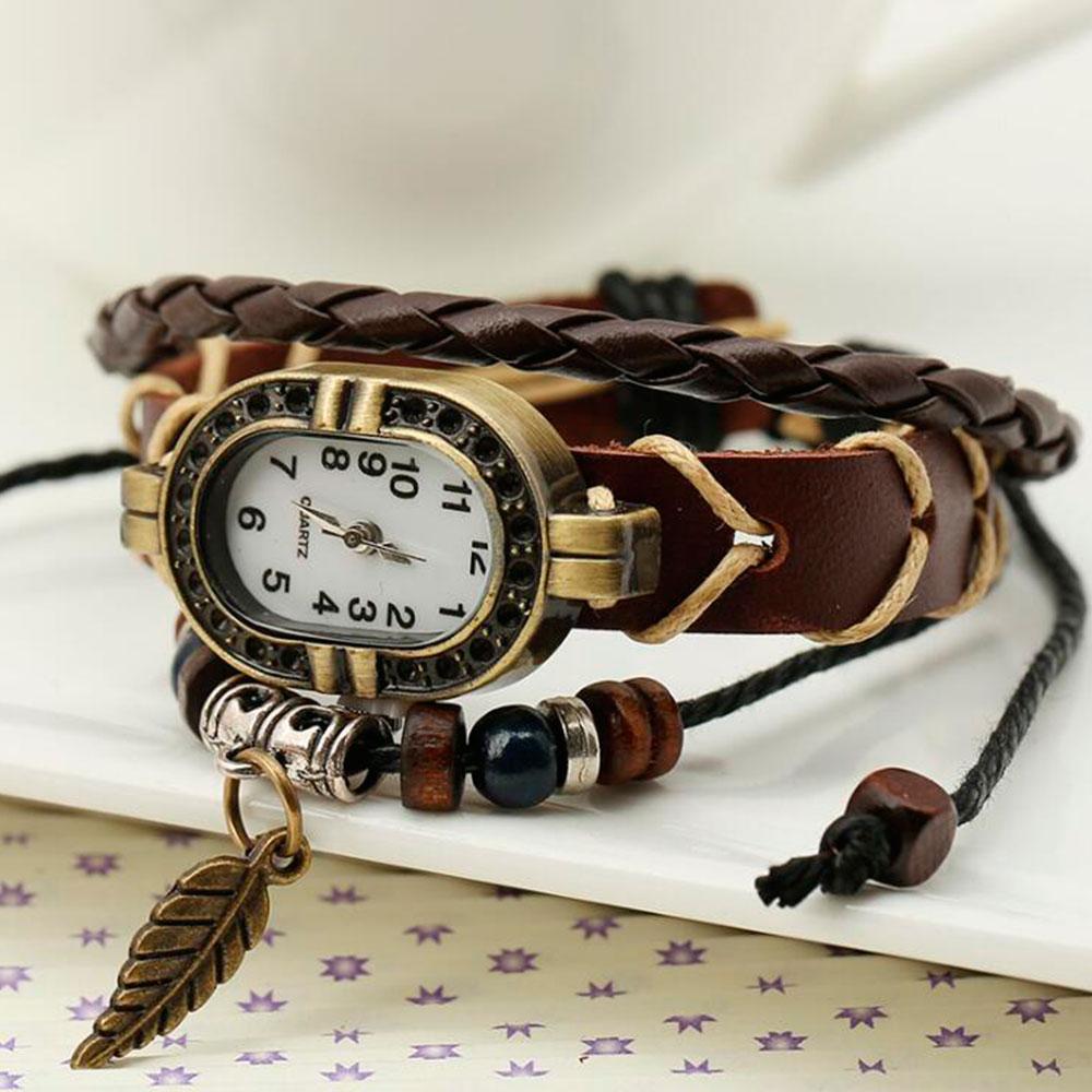 

Women Genuine Leather Vintage Quartz Watch Multi Layer Handmade Bracelet Wristwatches Adjustable Length Couple Watch Bangle