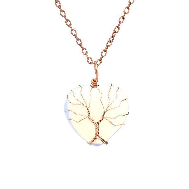 Ancient Red Copper Hand-Wound Peach Heart Natural Stone Heart-Shaped Powder Crystal Tree Of Life Necklace N519