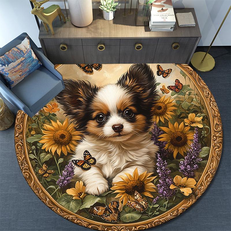 Puppy In Sunflowers Round Area Rug,Carpet Rug for Living Room Bedroom Sofa Playroom Decor,Non-slip Floor Mat