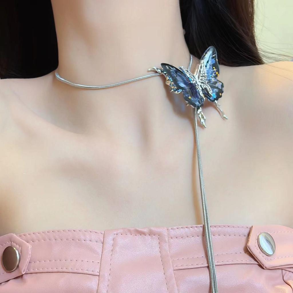 Y2K Spice Girl Pull Butterfly Necklace Female Niche Design Sense High Subculture Clavicle Chain Neck Strap Accessories Tide