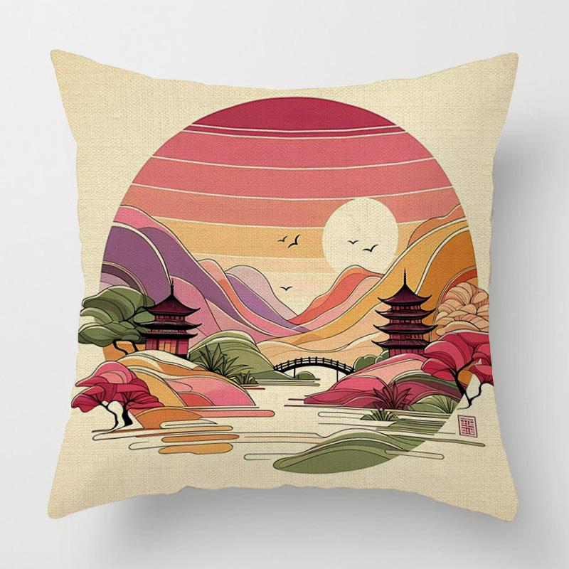 Чехол для подушки в японском стиле с рисунком волны, восхода солнца и пейзажа, наволочка для подушки в стиле ретро для спальни, гостиной, дивана, устойчивая к выцветанию, 40x40 см 40x40cm