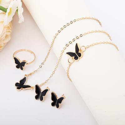 Ensembles 4 Pièces Zircon Papillon Rose Blanc Romantique Bracelet Bague Collier Boucles d'Oreilles Ensemble Accessoires Robe Dîner Mariage pour Femmes