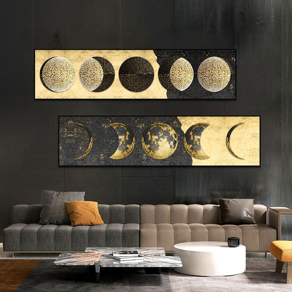 Poster Stampa Arte Murale Luna Dorata Creativa Pittura su Tela Fasi Lunari Immagini Solari Pianeta per Decorazione Camera Bambini Cuadros