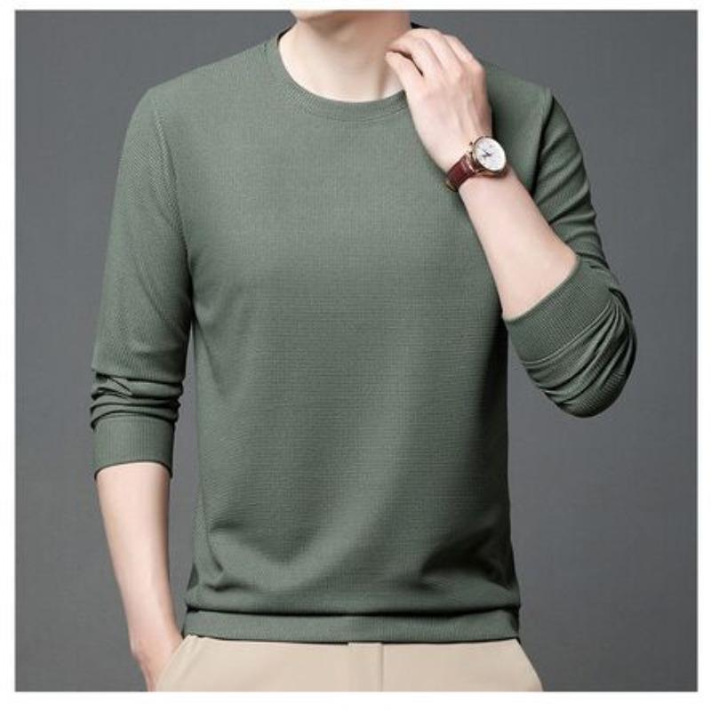 Tricou nou de toamnă cu mâneci lungi Cămașă tatăl de vârstă mijlocie pentru bărbați de culoare uni Pulover versatil pentru bărbați cu gât rotund