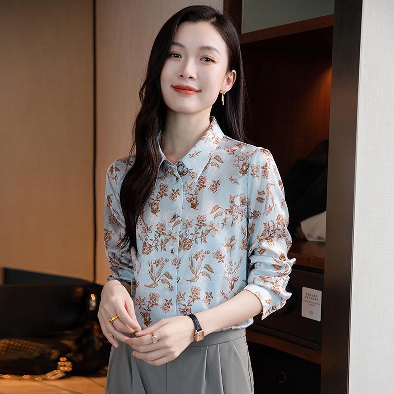 2025 Women's Printed Mulberry Silk Shirt: Slim Fit, Fashionable Real Silk Top for Spring & Autumn