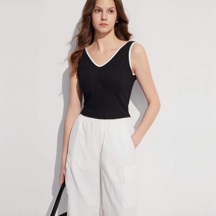 ELLE French Black And White Color Block V-Neck Sleeveless Top Summer Slim Fit Camisole Women tops EE48388