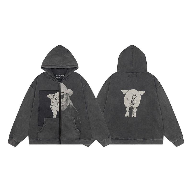 Erkek Geniş Kesim Pamuklu Kapüşonlu Fermuarlı Sweatshirt Sokak Giyim Günlük Harf Baskılı Uzun Kollu Tişört