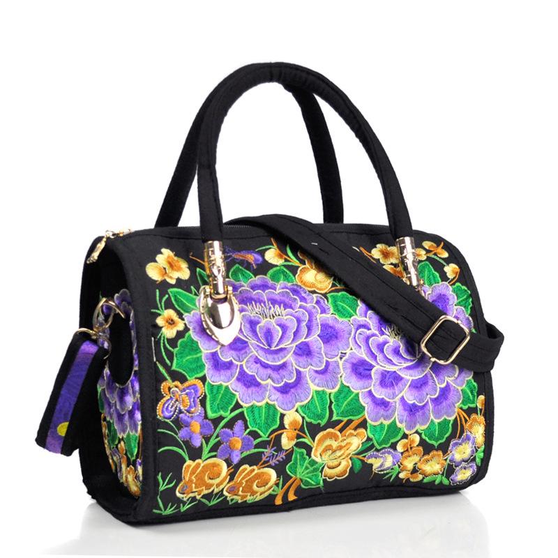 Ethnic Embroidered Drum-Shape Tote & Crossbody Canvas Bag