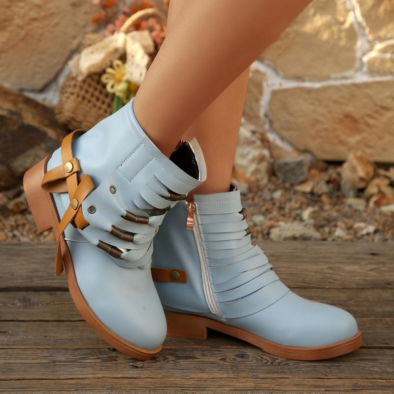 Women's Large Size High Heel Round Toe Buckle Side Zip Chunky Heel Casual Ankle Boots.