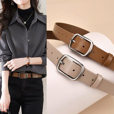 New Two-layer Leather Women's Pin Buckle Belt Casual and Versatile Retro Leather Belt Women's Japanese Buckle Jeans Belt