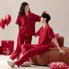 "New Red Cotton Couple's Pajama Set: Short-Sleeved Lapel Shirts & Trousers for Newlyweds"