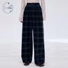 ZIHAN Women's Wool Blend Navy Plaid Wide-Leg Trousers