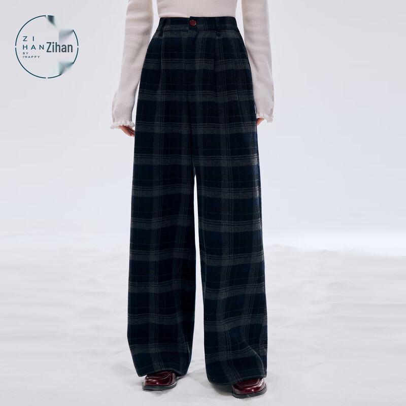 ZIHAN Women's Wool Blend Navy Plaid Wide-Leg Trousers