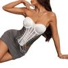 Damen Color Block Mesh Panel Korsett Top Trägerlos Vorne Schnürung Tube Top Sexy Clubwear