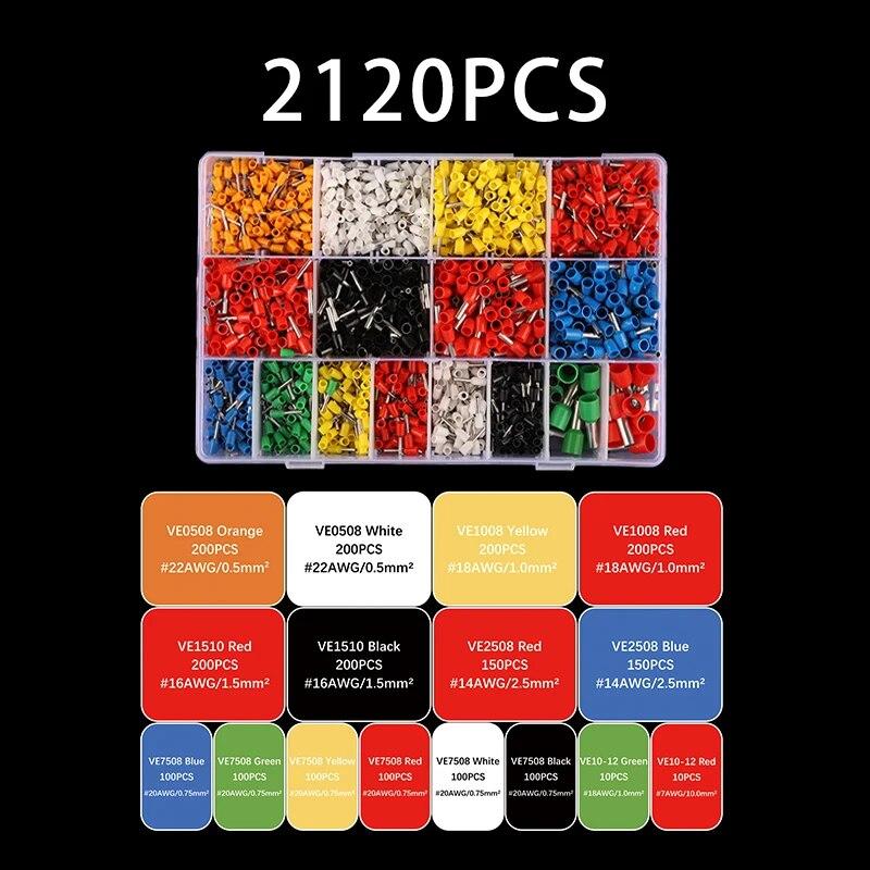 

2120 шт. Трубчасті клеми європейського стилю Ve Ізольовані клеми Побутовий електрик Швидке підключення кабелю Набір конекторів
