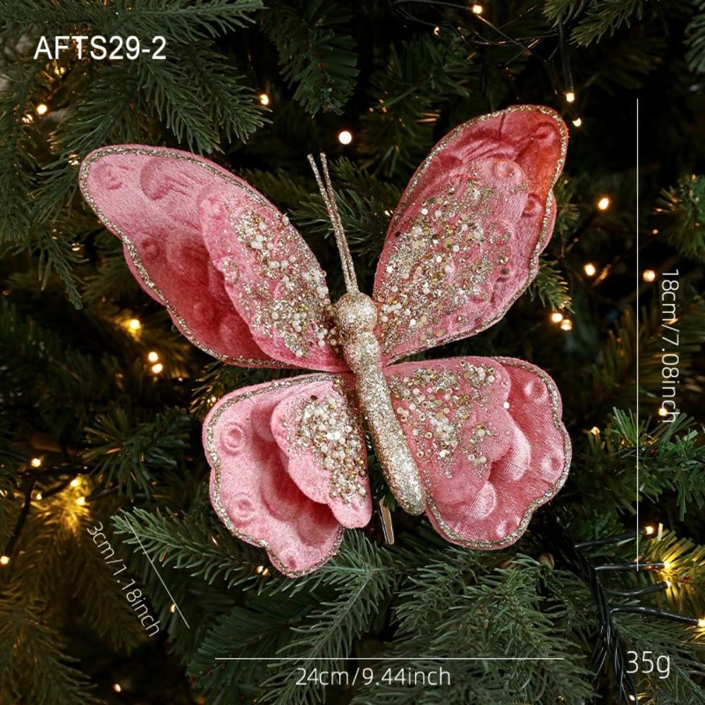 

Glitter Butterfly Christmas Flower Simulated Exquisite Artificial Butterfly Clip Sequins Flocking Butterfly Pendants рожевий
