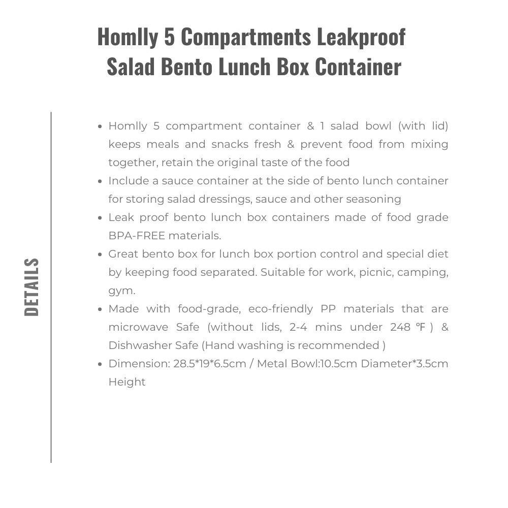 HOMLLY 5 Compartments Leakproof Salad Bento Lunch Box Container
