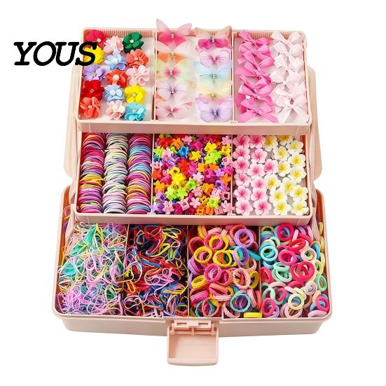 Elastic Fabric Hair Ties Colorful Bands Clips Mini Claw Rubber Versatile Kit with Box for Girls Teens Children, Accessories Daily Styling Everyday