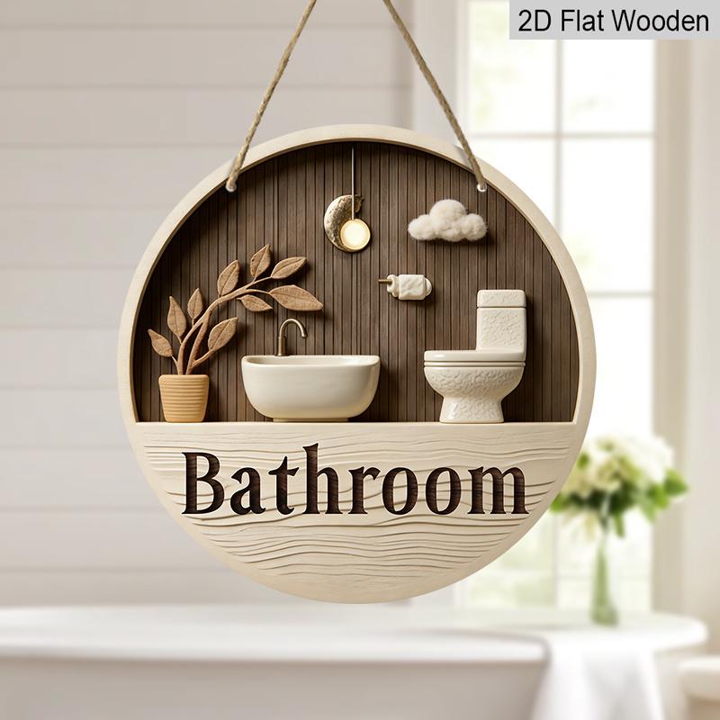 2D Flat Wooden Contemporary Bathroom Sign, 7.87inches Retro Decorative Hanging Ornament, Home Toilet Wall Art /tabletop Decor