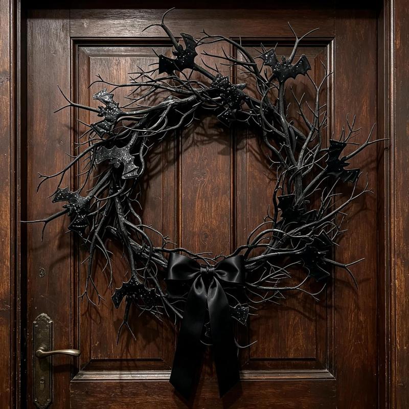 Halloween Wreath with Fake Raven - Spooky Black Plastic Hanging Decoration,for Haunted Houses,Fall Parties,Thanksgiving and Day