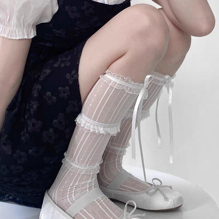 Sommer Kniestrümpfe für Mädchen | Weiße Spitze Rüschen Tüll Dünne Schleife Wadenstrümpfe