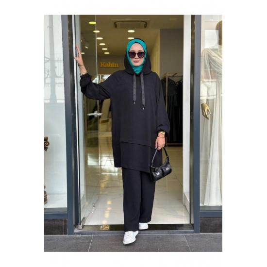 Women's Hooded Zippered Sleeves Elastic Wide Leg Pants Suit