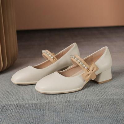 Soft Leather Small Man Gentle Wind Mary Jane Women's Shoes Spring and Summer Middle Heel Thick Heel Square Head Beaded Versatile Small Leather Sho