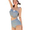 Women's High-End Striped Bikini Set with Cover-Up - Slimming Fit, Small Bust, Korean Conservative Style