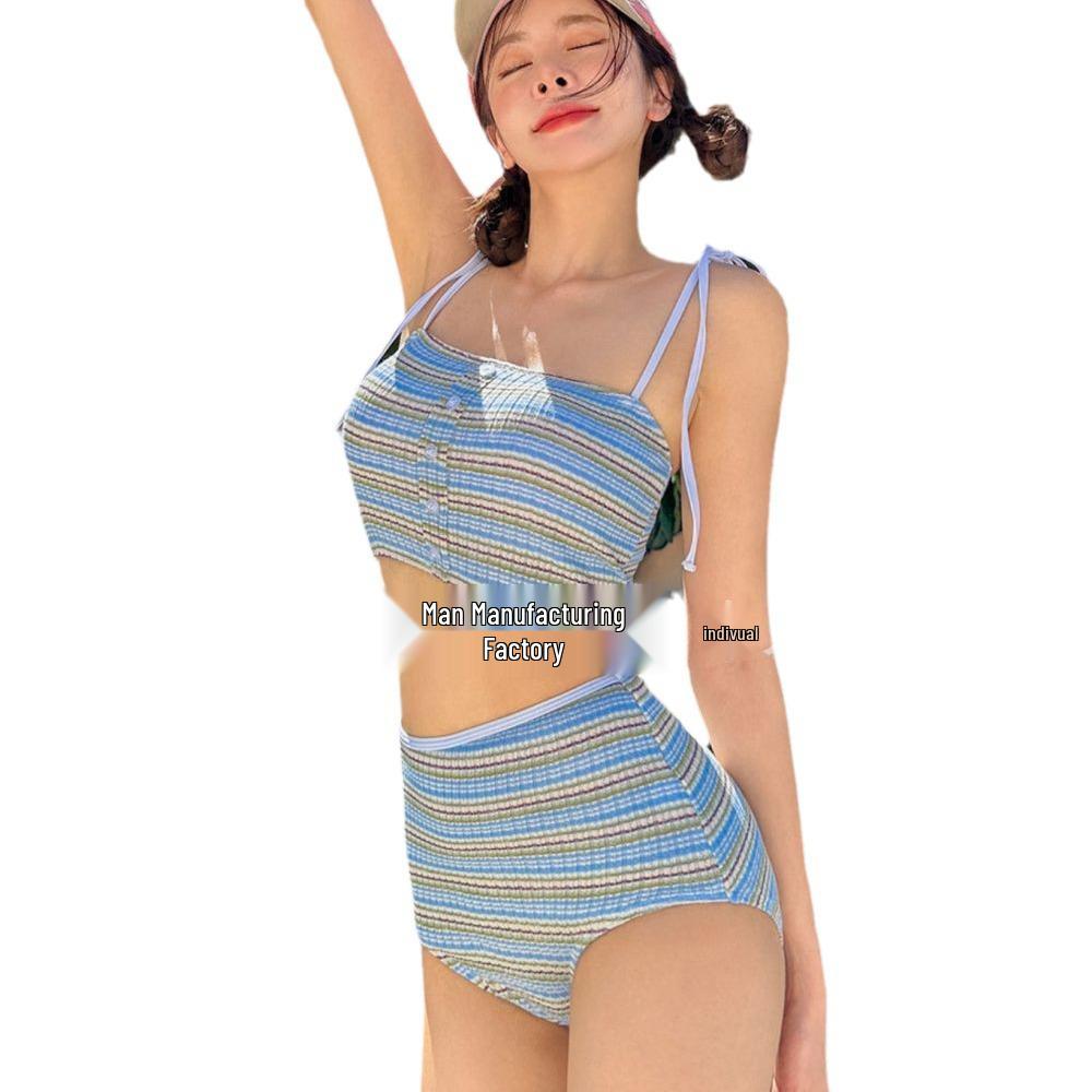 Women's High-End Striped Bikini Set with Cover-Up - Slimming Fit, Small Bust, Korean Conservative Style