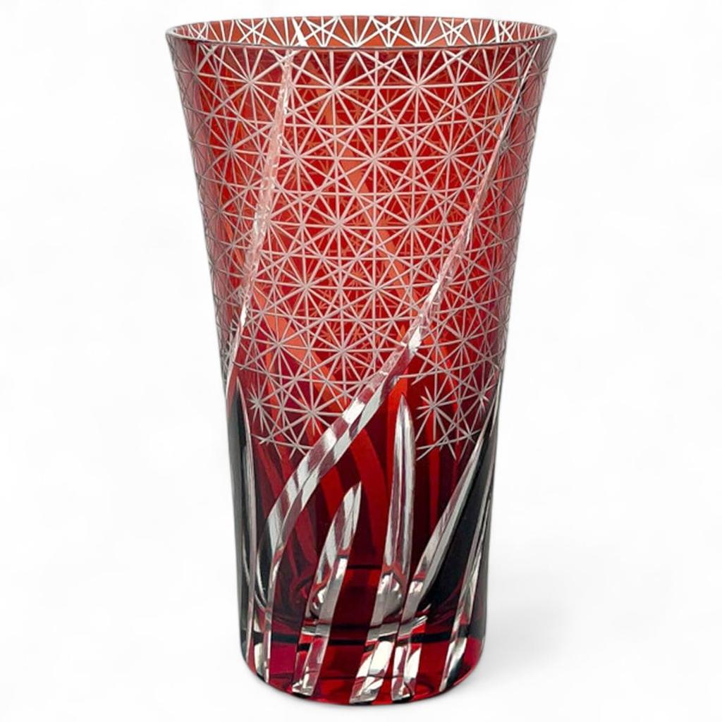 Mizukage Kiriko Whiskey X Ranbori Komon Current Model J-kitchens Glass, Long, 8.6 14.8cm, 400cc, Pattern, Red,