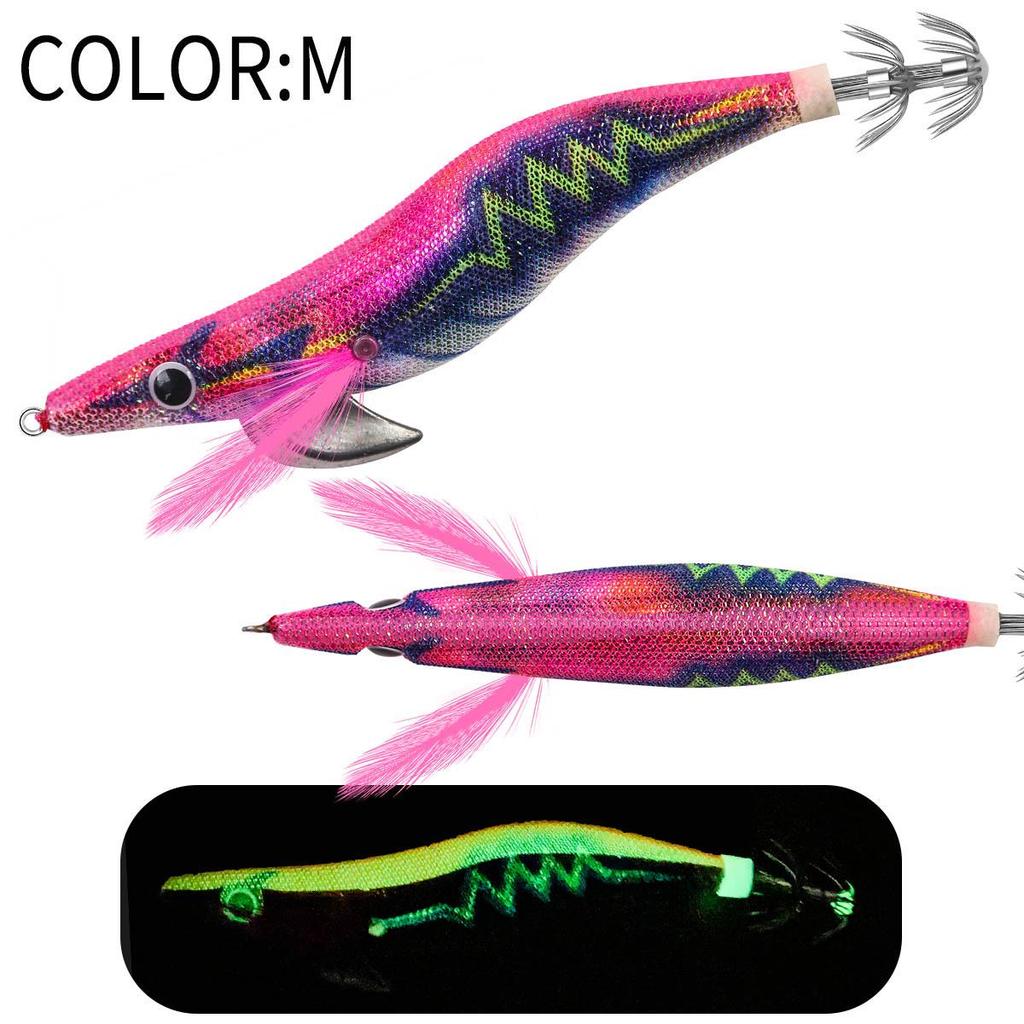 SQUID KING Luminous Wooden Shrimp Squid Hook - Sizes 2.5, 3.0, 3.5 with Rapid Current Lead Head & Rattle for Deep Water.