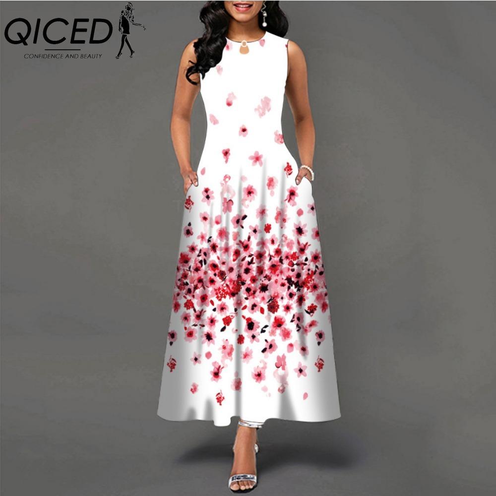 QICED 48 barev Nové dámské volné vintage květinové volánové šaty Befree šaty Velká letní párty Tílka Elegantní maxi šaty