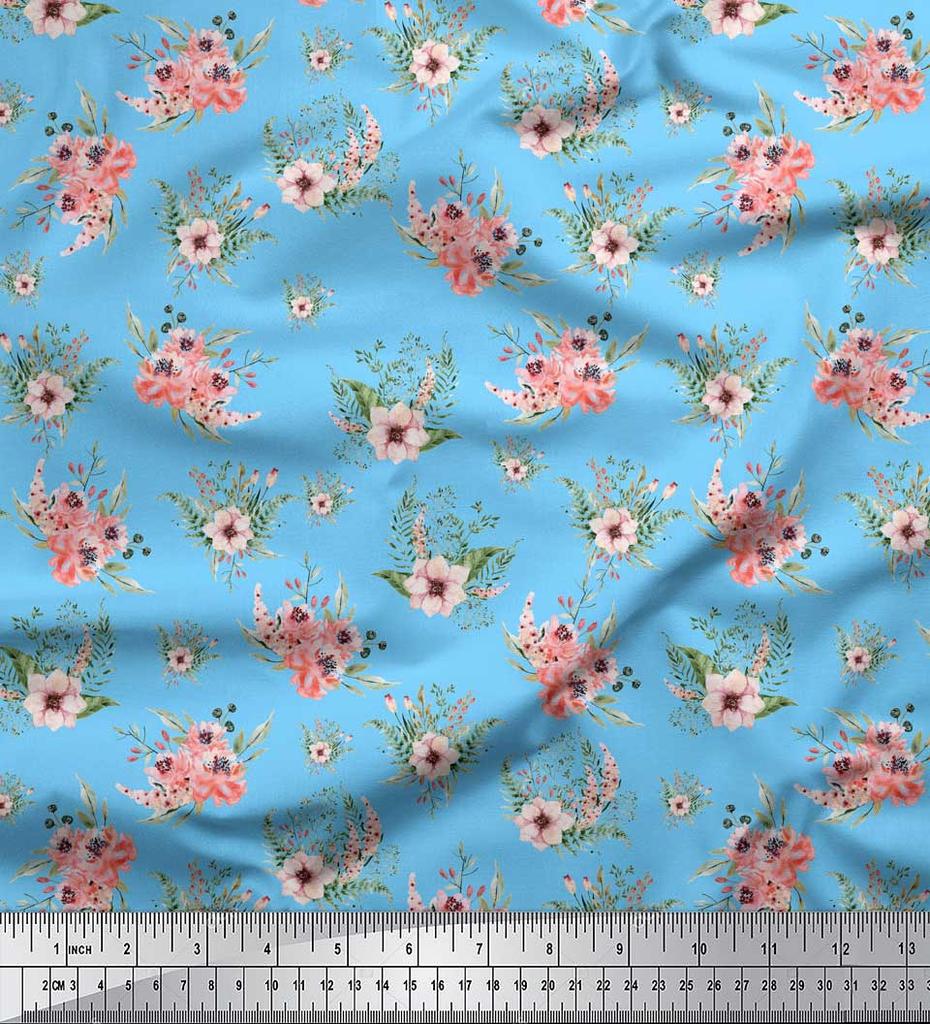 Soimoi Red Poly Crepe Fabric Mignon Dahlia & Peony Floral Fabric Prints By Metre 42 Inch