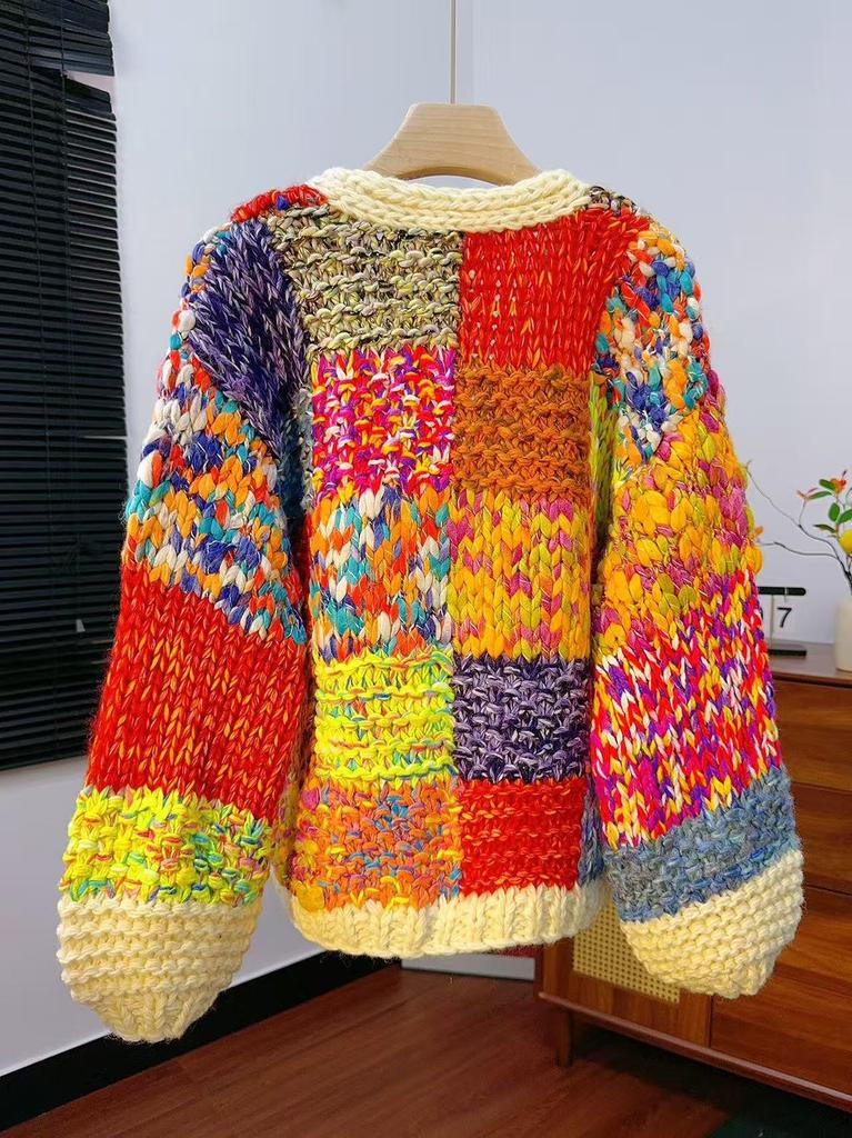 Rainbow Color Block Retro Cardigan Jacket for Women