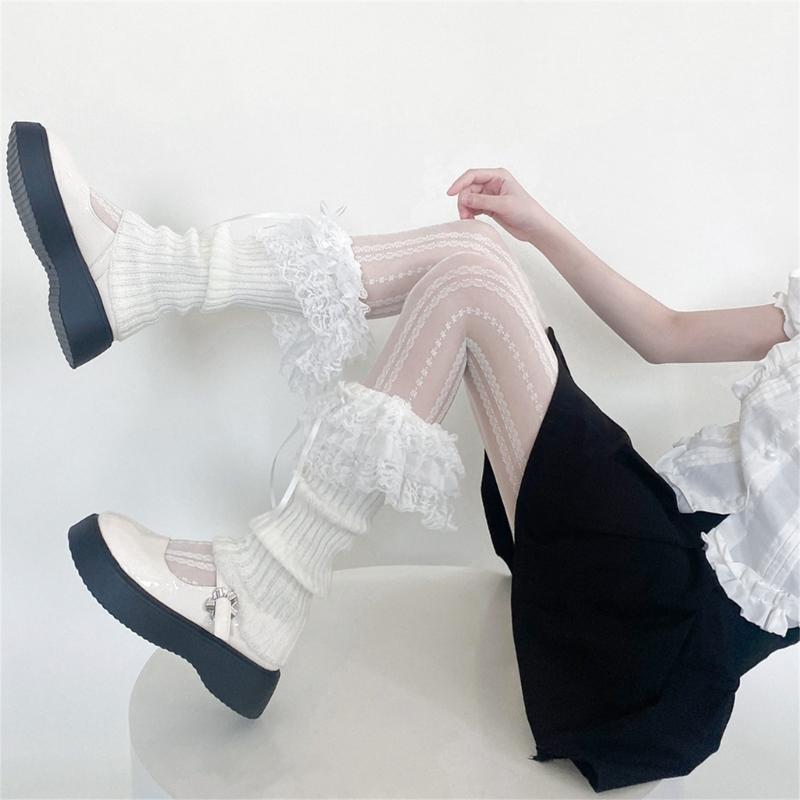 Womens Lolitas Knits Long Socks Lace Ruffle Flared Leg Warmers Harajuku Booties Socks Winter Warm Ankle Heap Socks