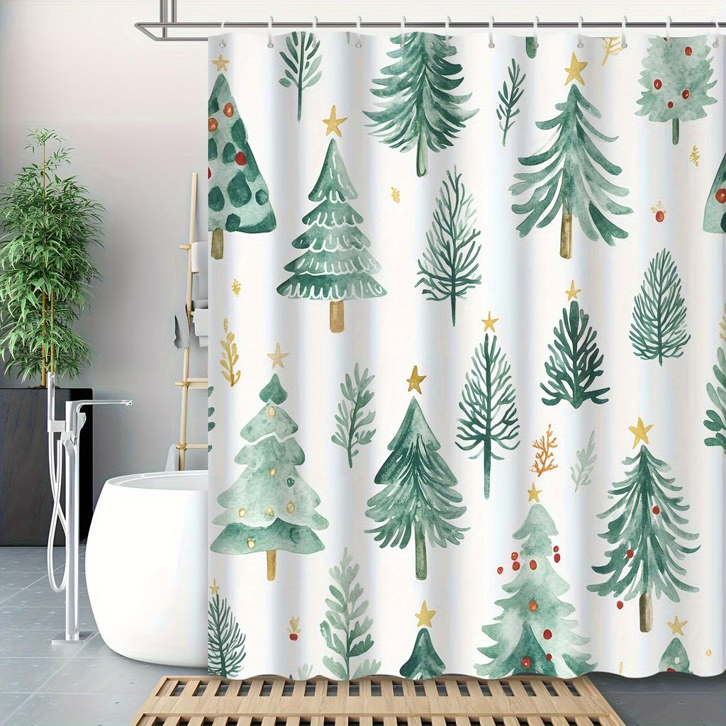 1pc Christmas Green Theme Cartoon Pine Forest Shower Curtain, Decorative Printed Shower Curtain with 12 Hooks
