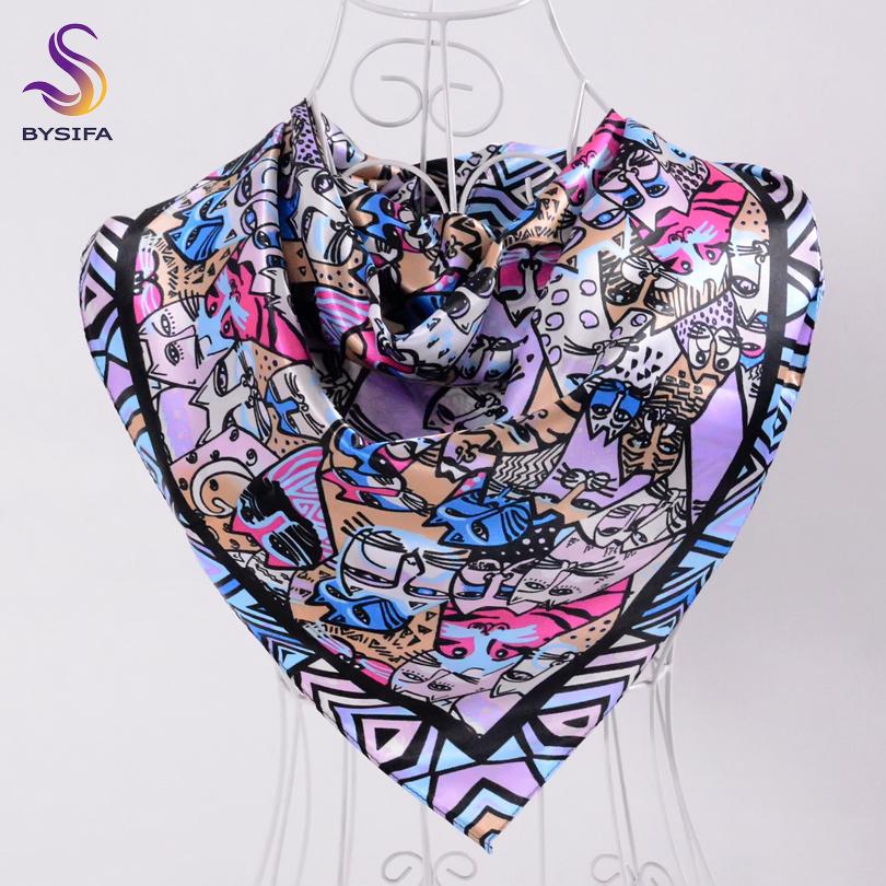 [BYSIFA] Navy Blue Chinese Roses Large Square Scarves New Female Elegant Large Silk Scarf Fashion Ladies Accessories 90*90cm