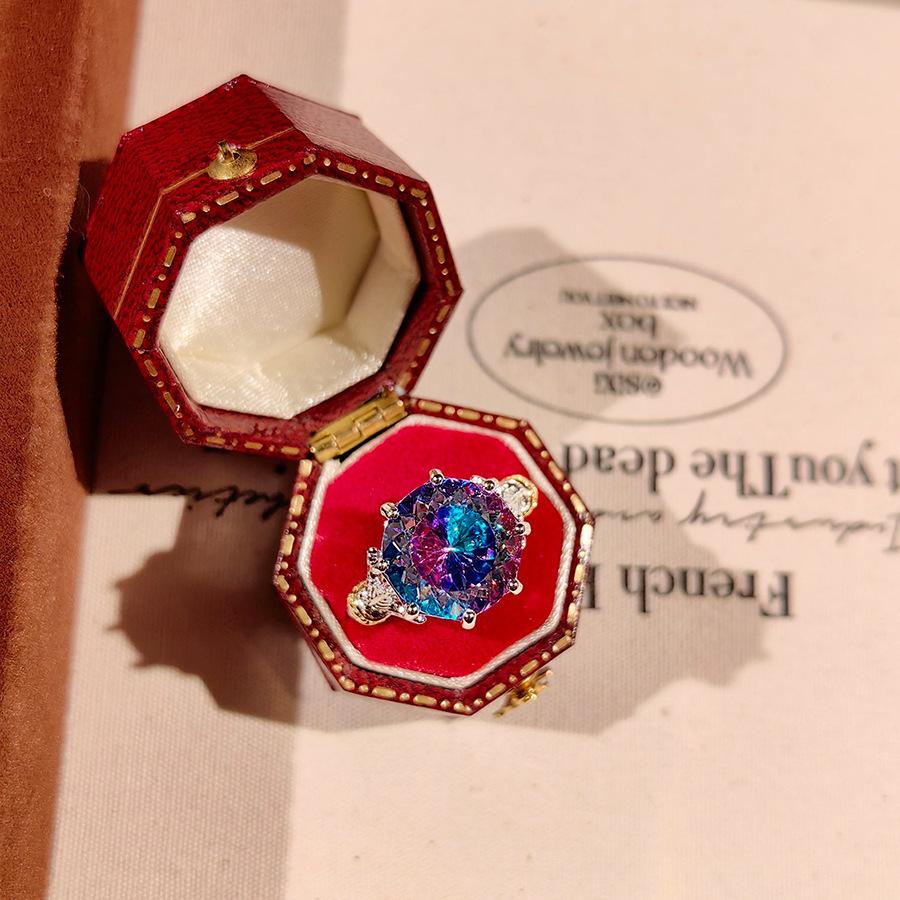 Fashion Light Luxury Octagonal Rose Cut Ring Fashion Inlaid High Carbon Diamond Two-Color Gold Paraiba Blue Diamond Ring Women