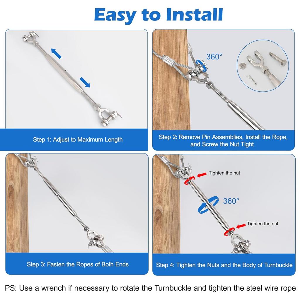 4PCS 1/4" (M6) Turnbuckle, 304 Stainless Steel Jaw and Jaw Turnbuckle, 1600lbs Working Load Limit, Wire Tensioner, Closed Body Turnbuckle for Cable,