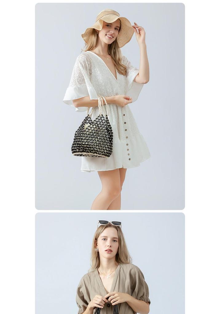 Custom Handmade Woven Beach Bag with Wooden Beads - Women's Casual Travel Handheld/Shoulder Bag
